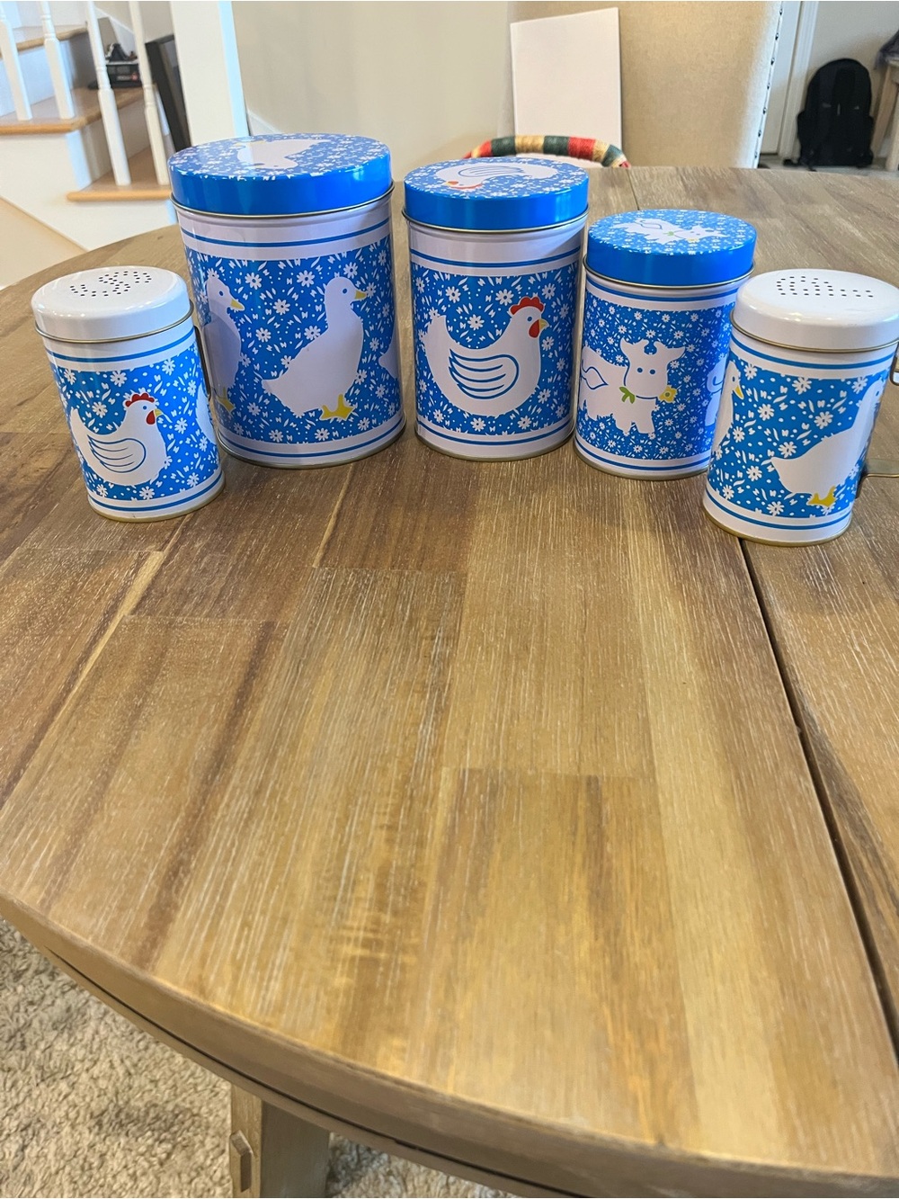 Vintage 80s Cottagecore Blue
Farm Animal Canister Set &
Matching Shakers 5pc